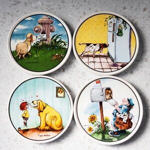 Gary Patterson Design Cartoon Dog Lovers 4.25” Ceramic Round Four Coasters